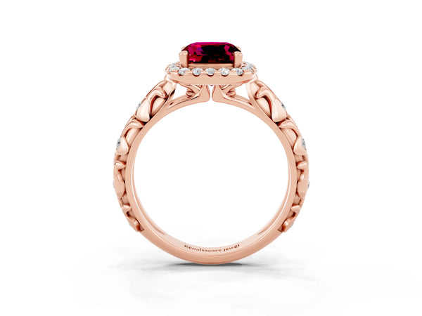 Rose gold Cushion Cut Garnet Halo Ring with Filigree Band and Prong Setting