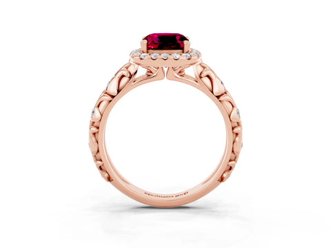 Rose gold Cushion Cut Halo Diamond Solitaire with Filigree Band and Four-Prong Setting_3