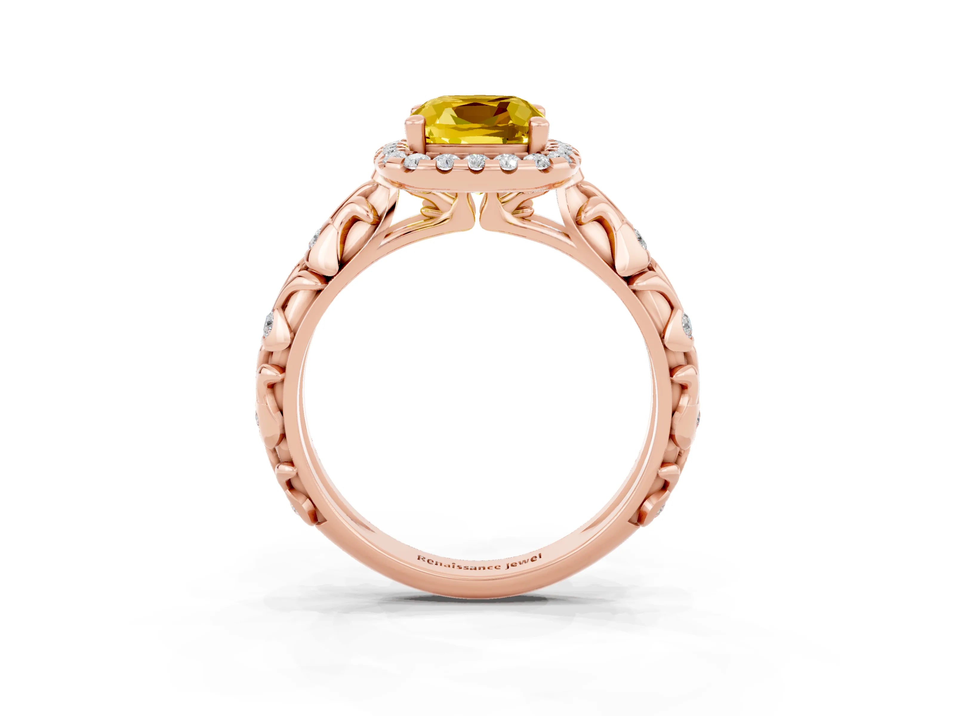 Rose gold Cushion Cut Halo Diamond Solitaire with Filigree Band and Four-Prong Setting_3