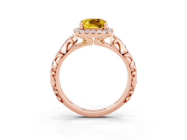Rose gold Cushion Cut Yellow Sapphire Halo Ring with Filigree Band and Prong Setting