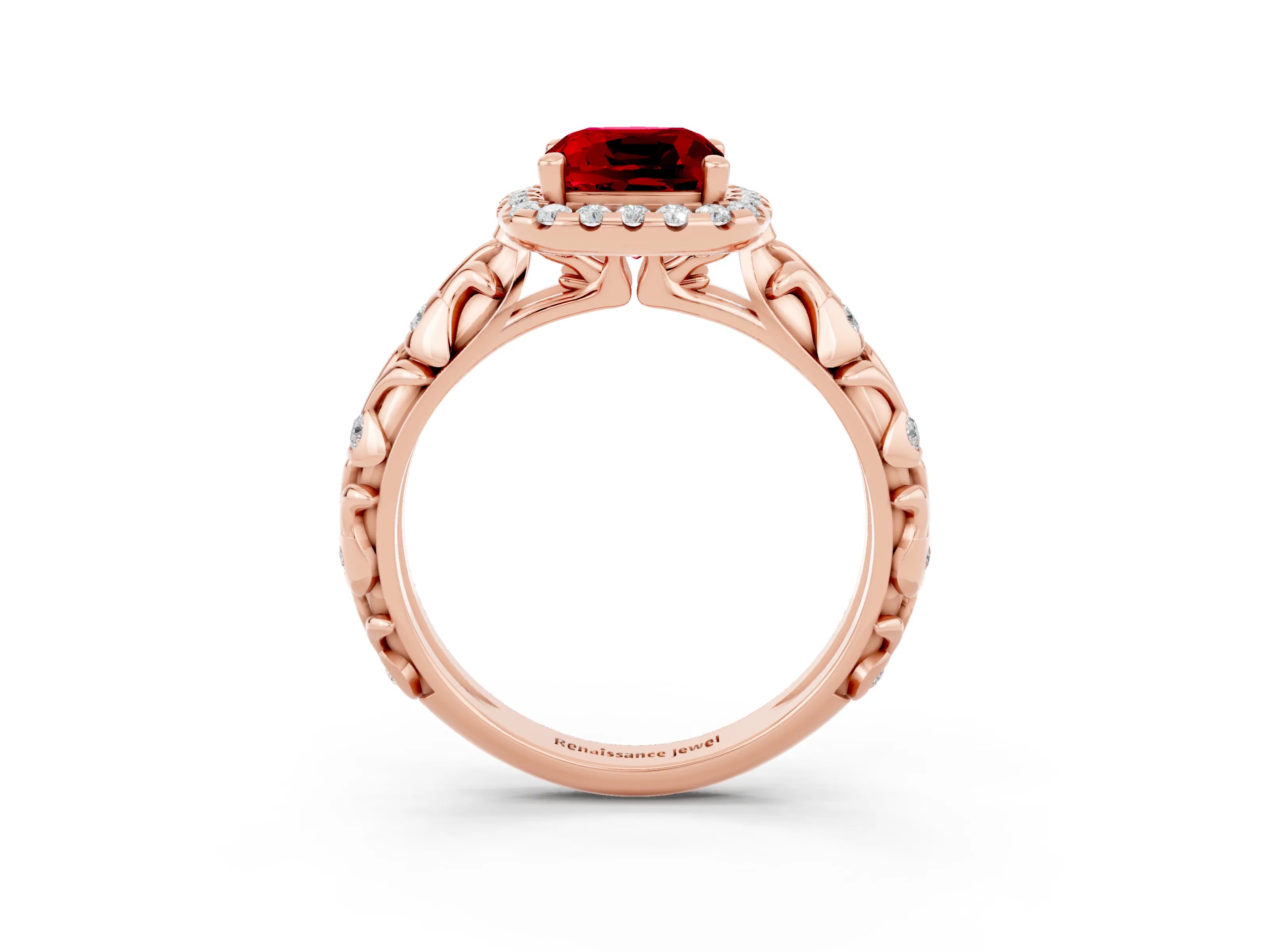 Rose gold Cushion Cut Halo Diamond Solitaire with Filigree Band and Four-Prong Setting_3