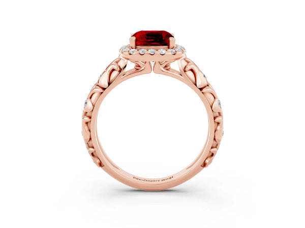 Rose gold Cushion Cut Ruby Halo Ring with Filigree Band and Prong Setting