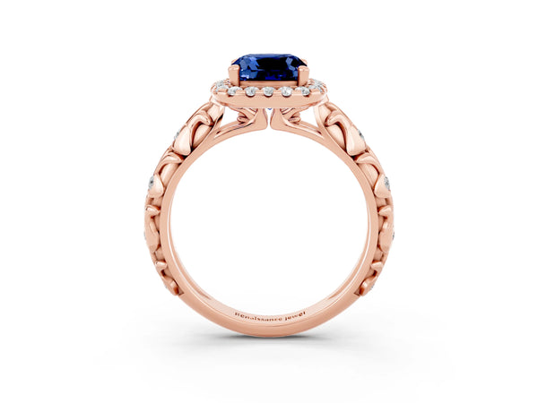 Rose gold Cushion Cut Blue Sapphire Halo Ring with Filigree Band and Prong Setting