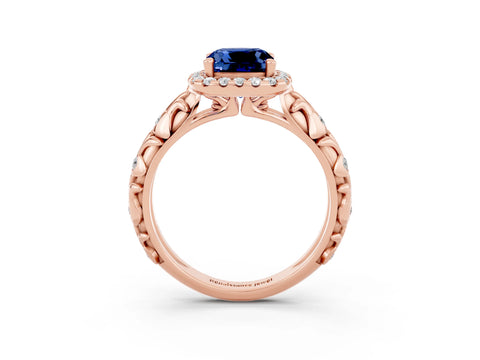 Rose gold Cushion Cut Halo Diamond Solitaire with Filigree Band and Four-Prong Setting_3