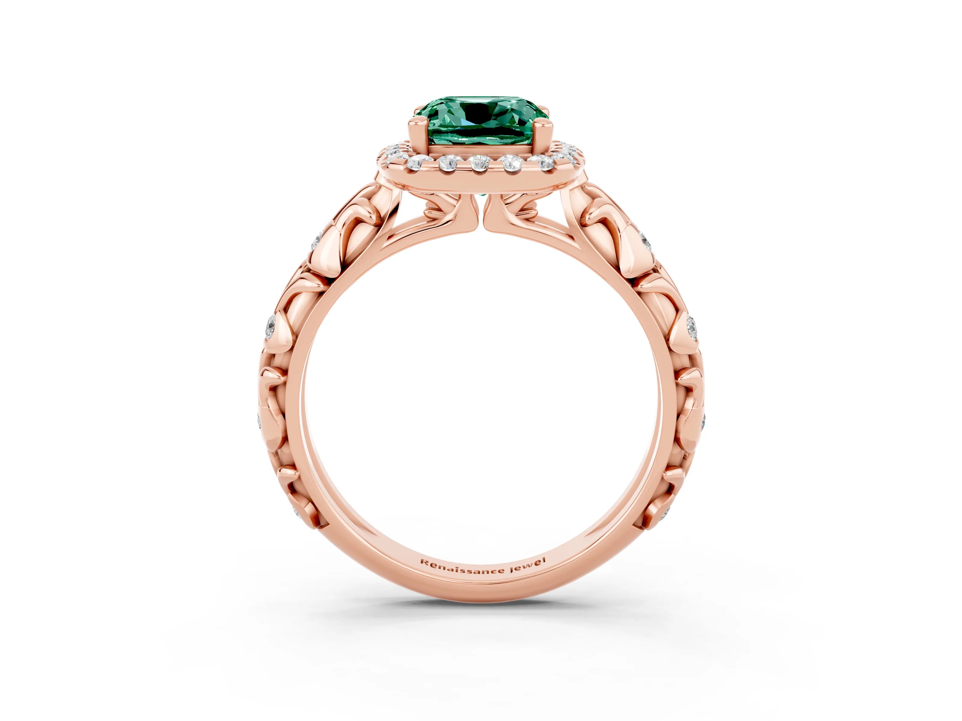 Rose gold Cushion Cut Halo Diamond Solitaire with Filigree Band and Four-Prong Setting_3