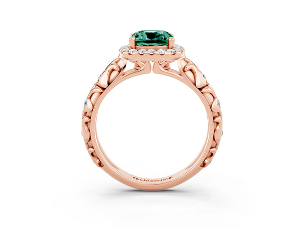 Rose gold Cushion Cut Green Sapphire Halo Ring with Filigree Band and Prong Setting