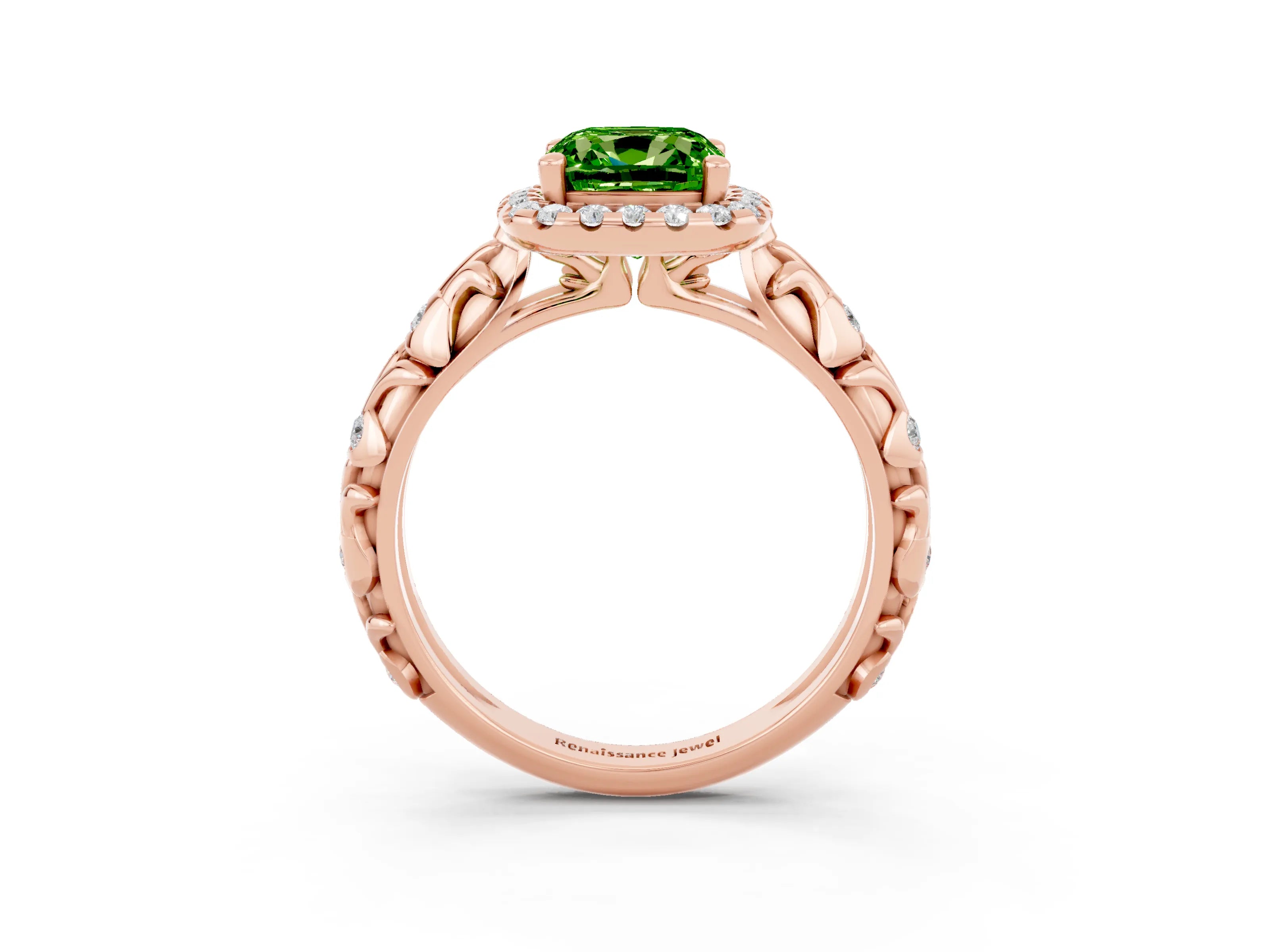 Rose gold Cushion Cut Halo Diamond Solitaire with Filigree Band and Four-Prong Setting_3