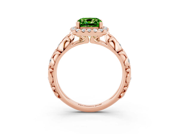 Rose gold Cushion Cut Peridot Halo Ring with Filigree Band and Prong Setting