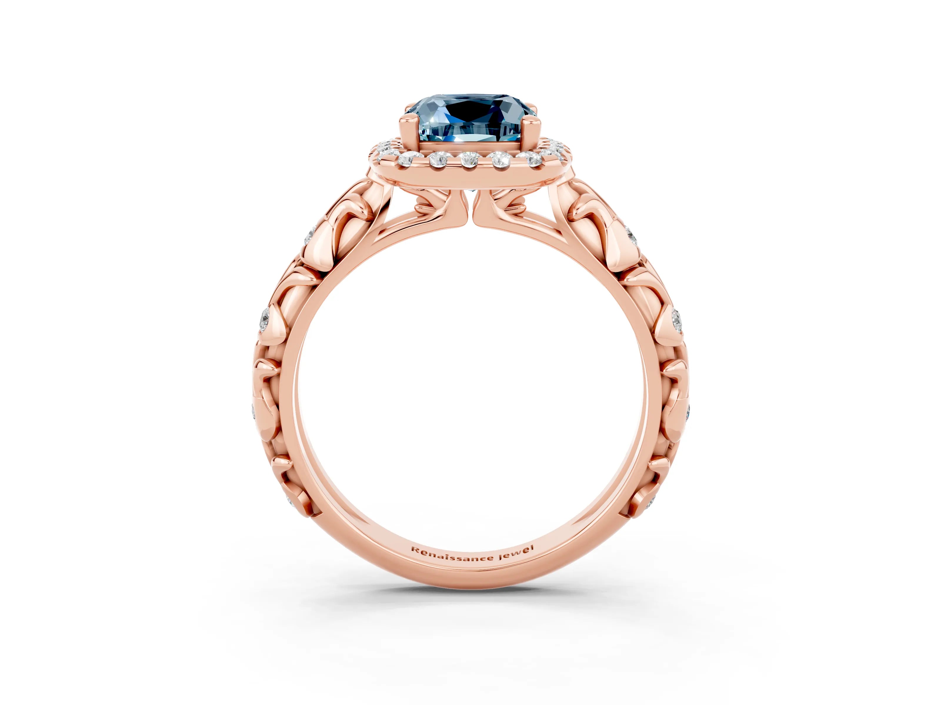 Rose gold Cushion Cut Halo Diamond Solitaire with Filigree Band and Four-Prong Setting_3