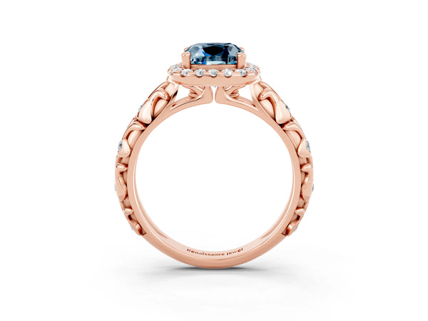 Rose gold Cushion Cut Aquamarine Halo Ring with Filigree Band and Prong Setting