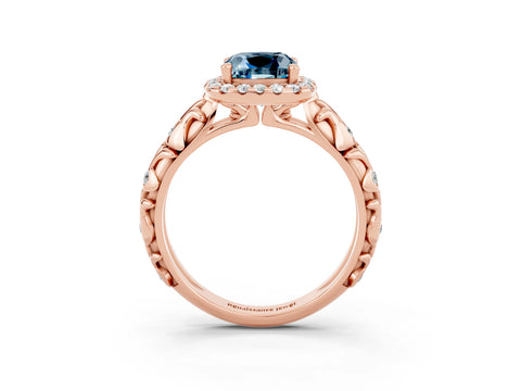 Rose gold Cushion Cut Halo Diamond Solitaire with Filigree Band and Four-Prong Setting_3