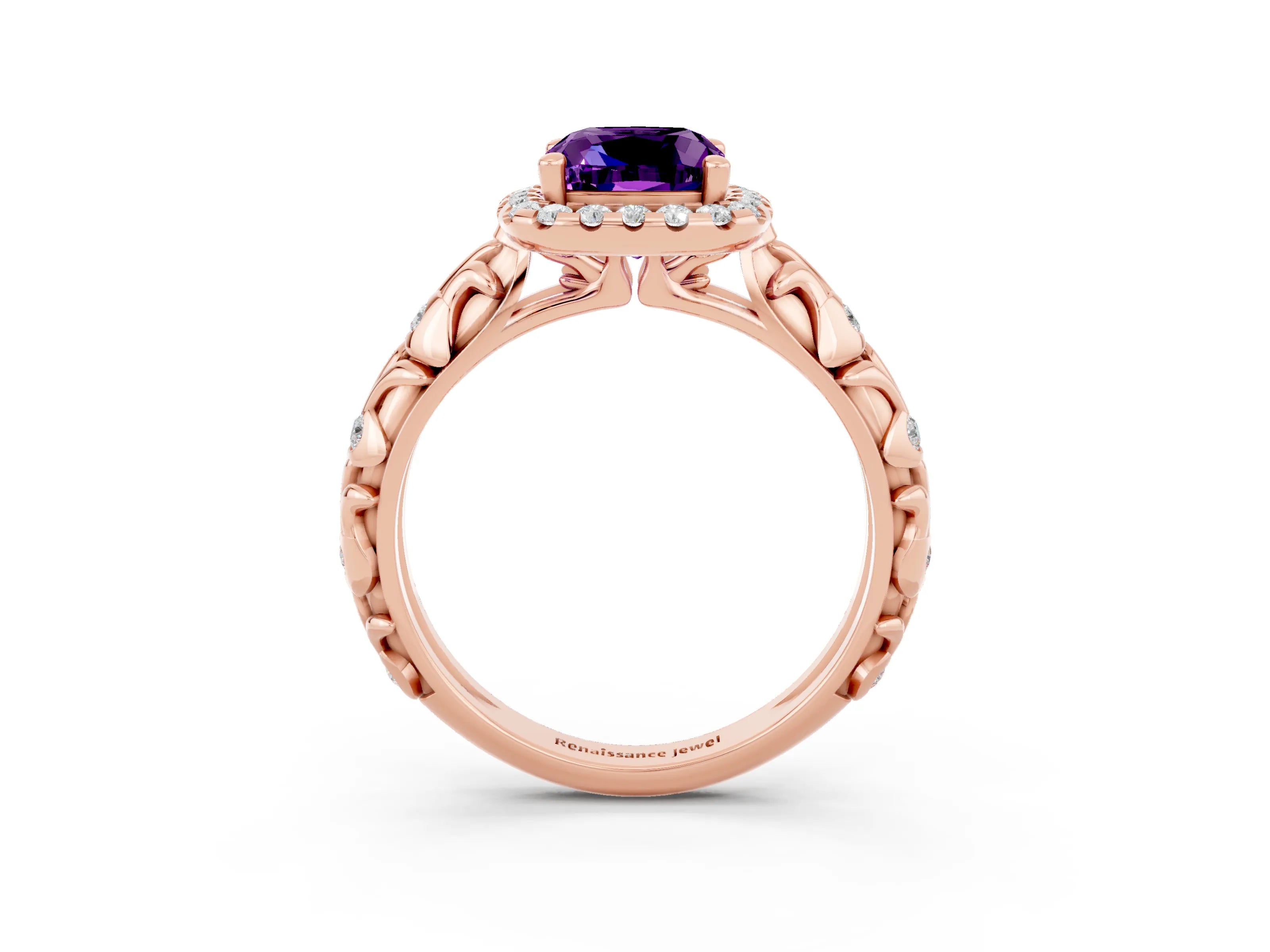 Rose gold Cushion Cut Halo Diamond Solitaire with Filigree Band and Four-Prong Setting_3
