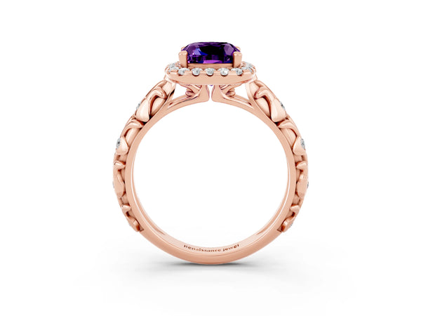 Rose gold Cushion Cut Amethyst Halo Ring with Filigree Band and Prong Setting