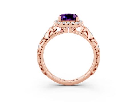 Rose gold Cushion Cut Halo Diamond Solitaire with Filigree Band and Four-Prong Setting_3