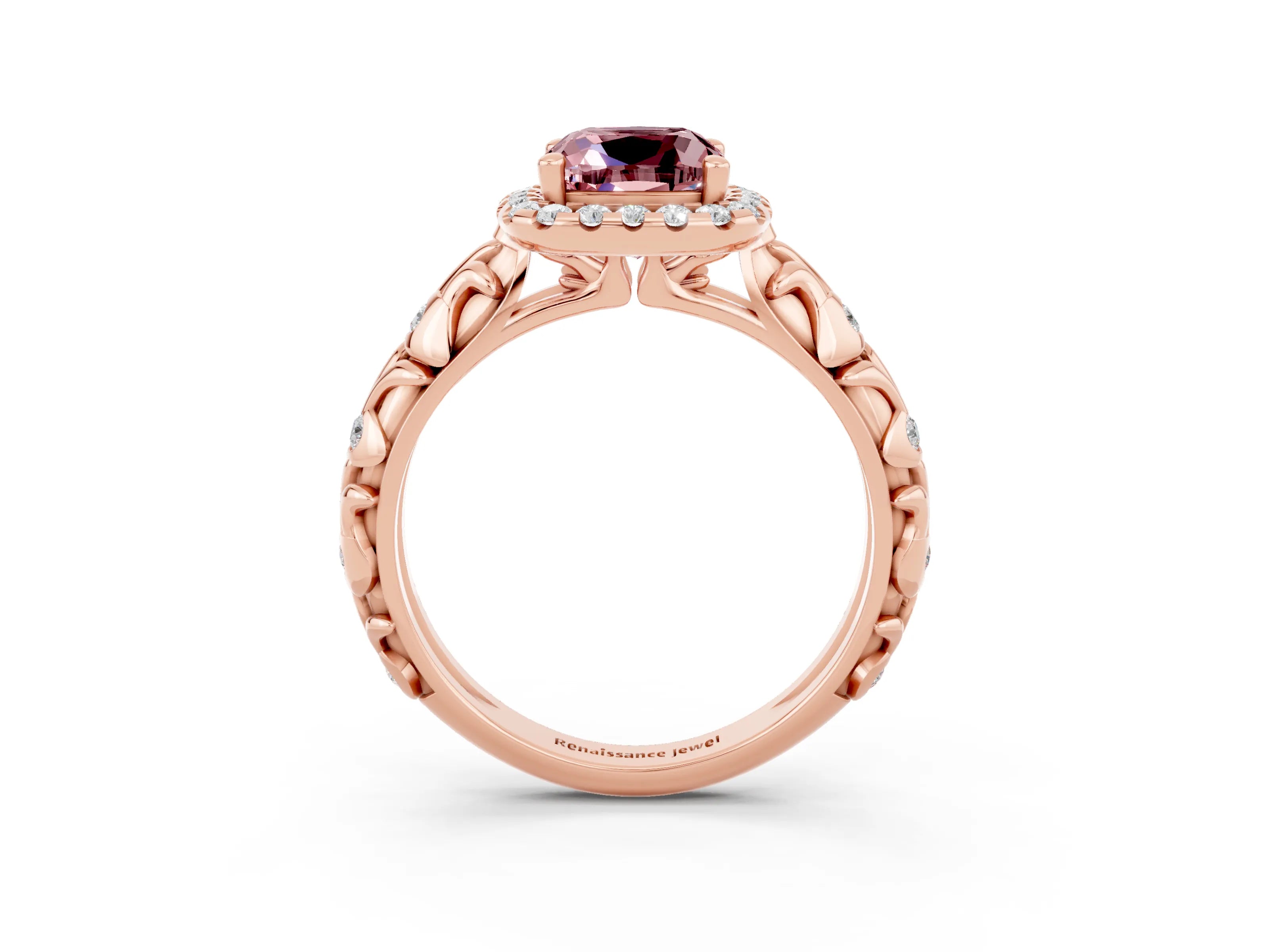 Rose gold Cushion Cut Halo Diamond Solitaire with Filigree Band and Four-Prong Setting_3