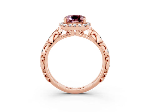 Rose gold Cushion Cut Halo Diamond Solitaire with Filigree Band and Four-Prong Setting_3