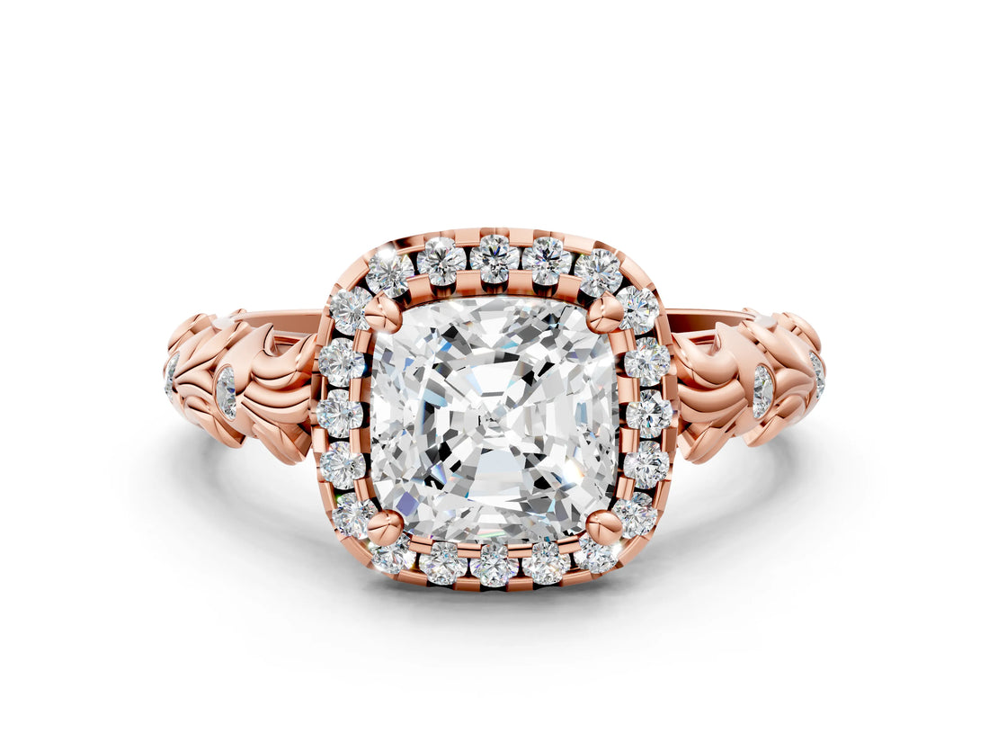 10K Rose Gold 0.42 Carat E VVS2 Cushion Diamond Halo Ring with Filigree Band and Prong Setting
