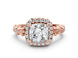 10K Rose Gold 0.42 Carat E VVS2 Cushion Diamond Halo Ring with Filigree Band and Prong Setting