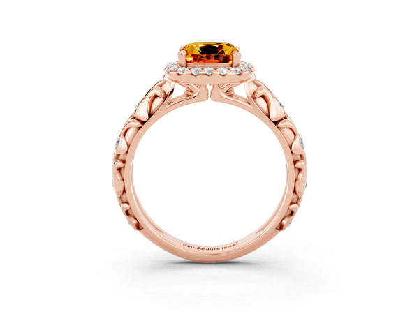 Rose gold Cushion Cut Citrine Halo Ring with Filigree Band and Prong Setting
