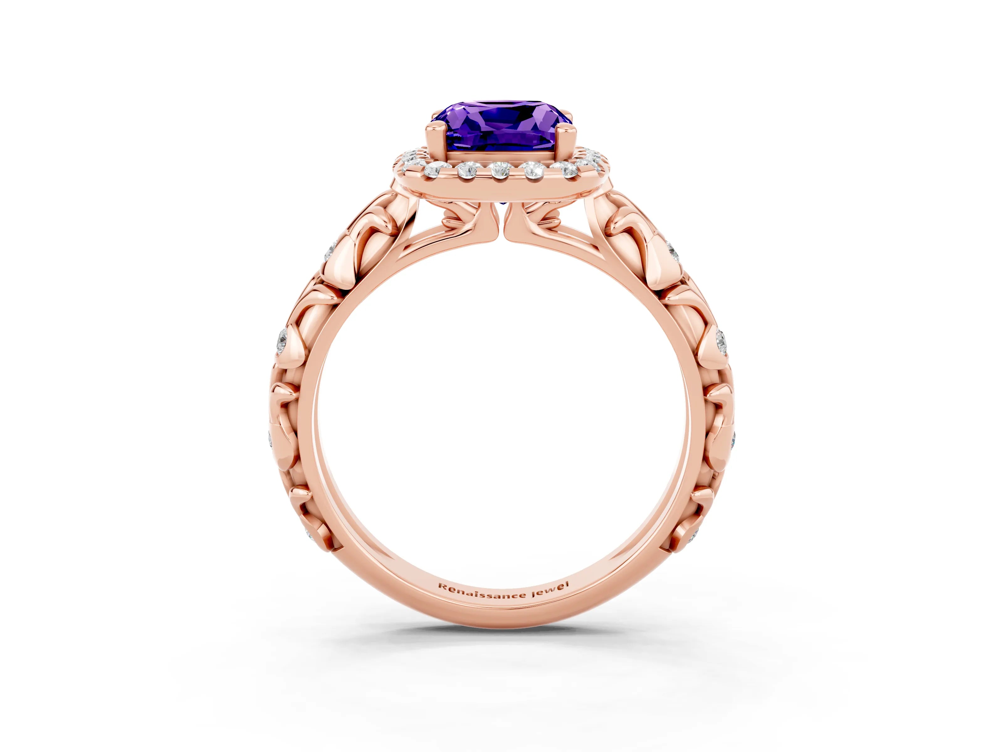 Rose gold Cushion Cut Halo Diamond Solitaire with Filigree Band and Four-Prong Setting_3