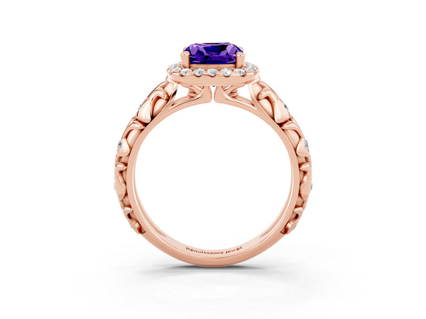 Rose gold Cushion Cut Tanzanite Halo Ring with Filigree Band and Prong Setting