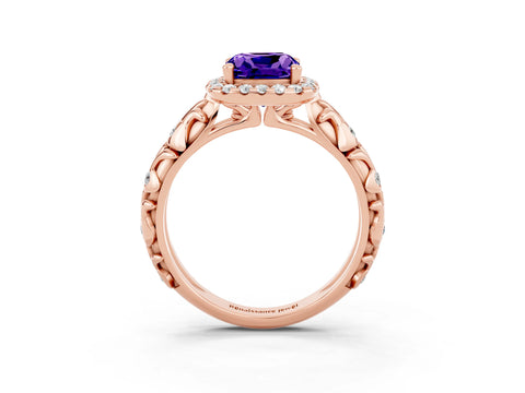 Rose gold Cushion Cut Halo Diamond Solitaire with Filigree Band and Four-Prong Setting_3