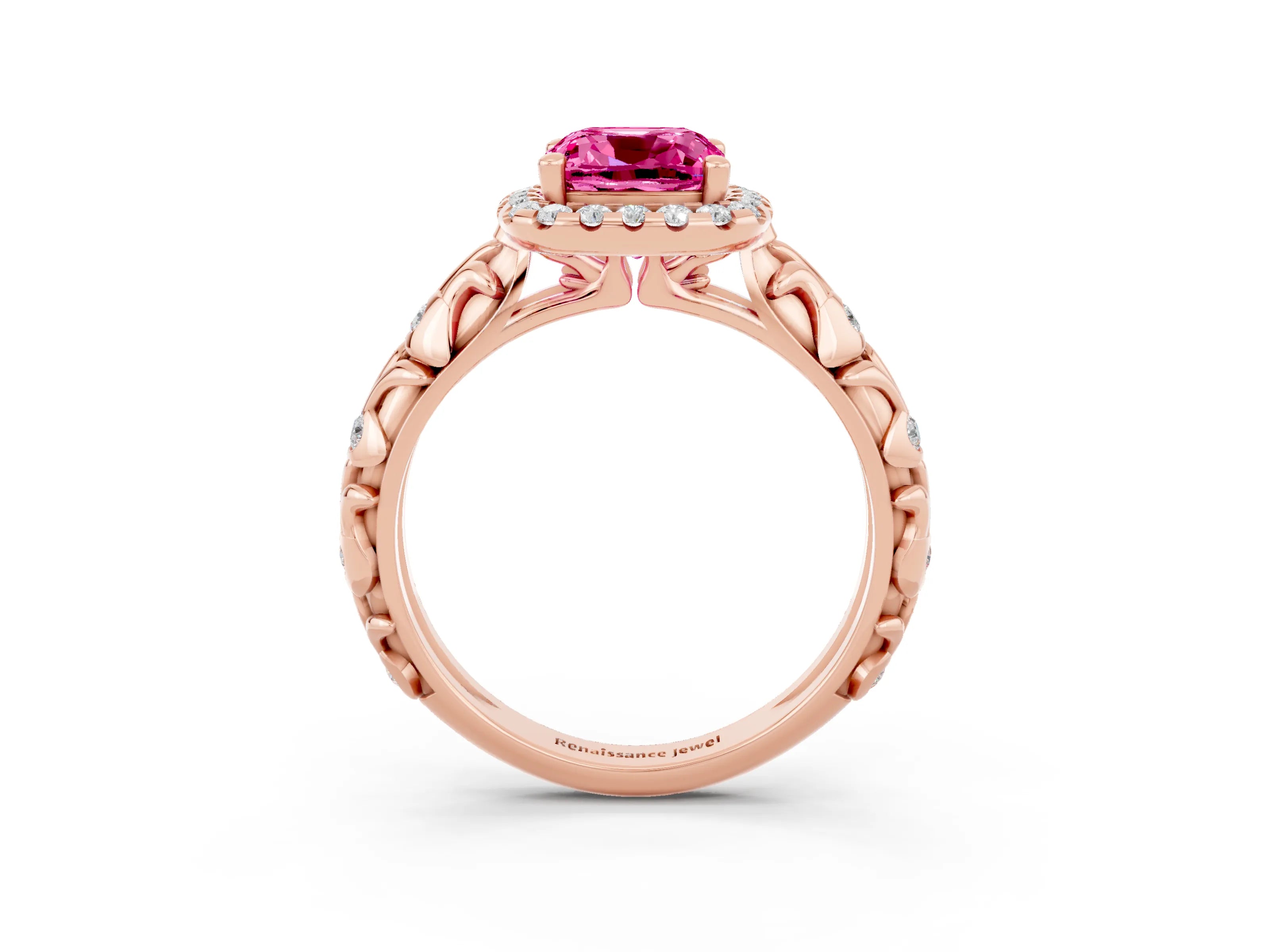 Rose gold Cushion Cut Halo Diamond Solitaire with Filigree Band and Four-Prong Setting_3
