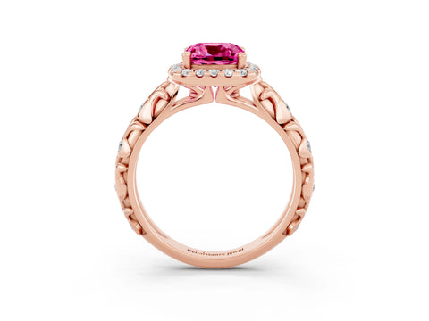 Rose gold Cushion Cut Halo Diamond Solitaire with Filigree Band and Four-Prong Setting_3