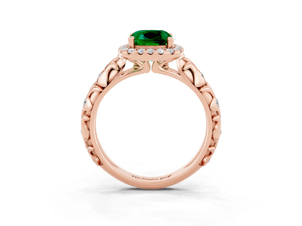 Rose gold Cushion Cut Emerald Halo Ring with Filigree Band and Prong Setting