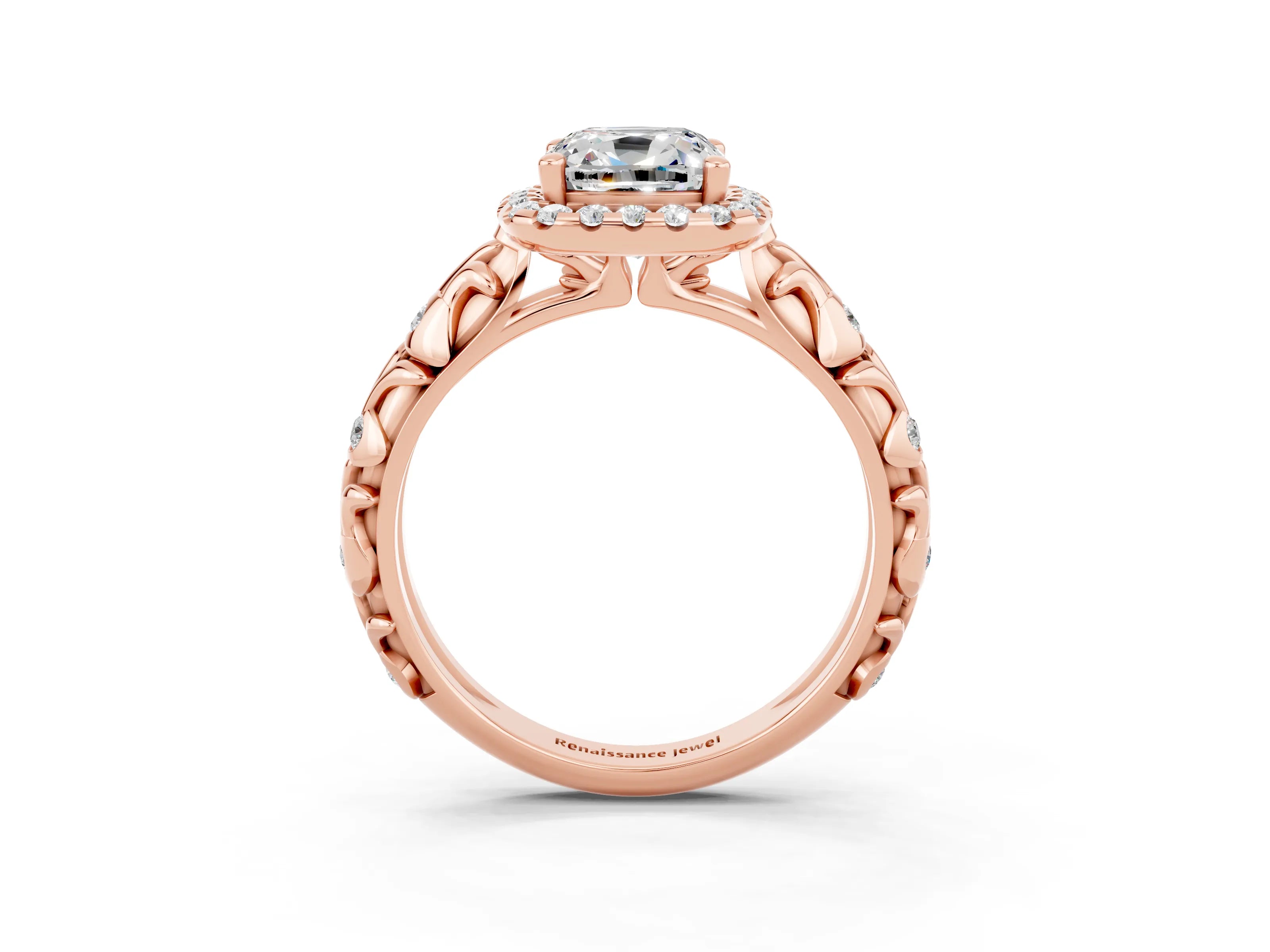 Rose gold Cushion Cut Halo Diamond Solitaire with Filigree Band and Four-Prong Setting_3