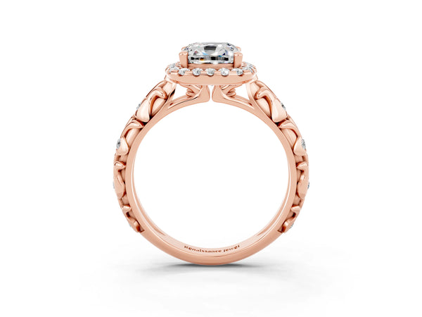 Rose gold Cushion Cut Moissanite Halo Ring with Filigree Band and Prong Setting