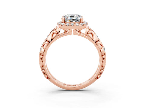 Rose gold Cushion Cut Halo Diamond Solitaire with Filigree Band and Four-Prong Setting_3