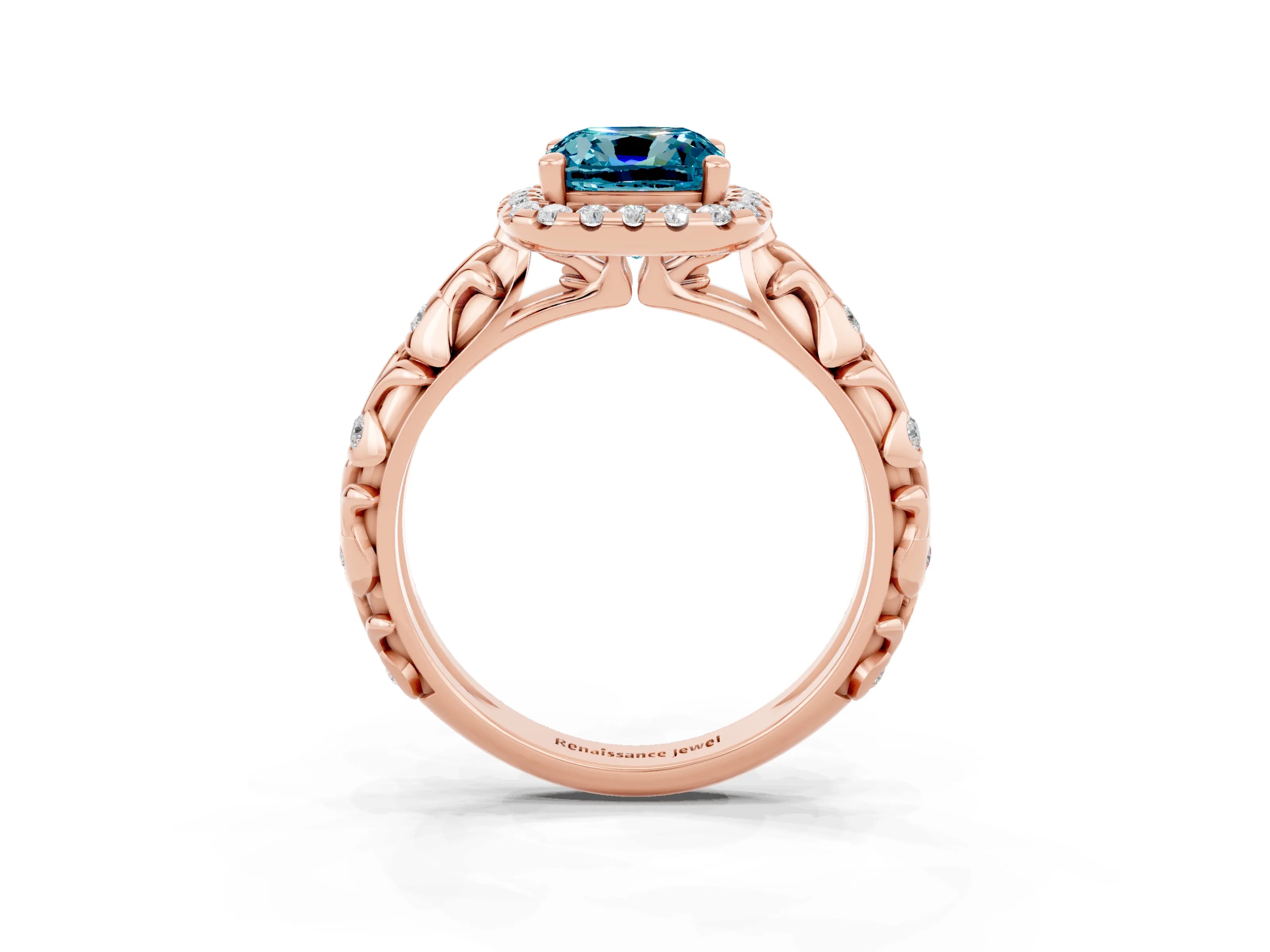 Rose gold Cushion Cut Halo Diamond Solitaire with Filigree Band and Four-Prong Setting_3