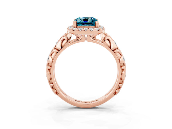 Rose gold Cushion Cut Halo Diamond Solitaire with Filigree Band and Four-Prong Setting