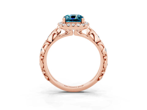 Rose gold Cushion Cut Halo Diamond Solitaire with Filigree Band and Four-Prong Setting_3
