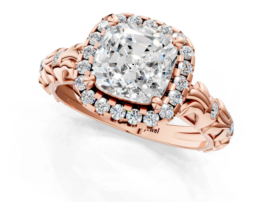 Rose gold Cushion Cut Halo Diamond Solitaire with Filigree Band and Four-Prong Setting