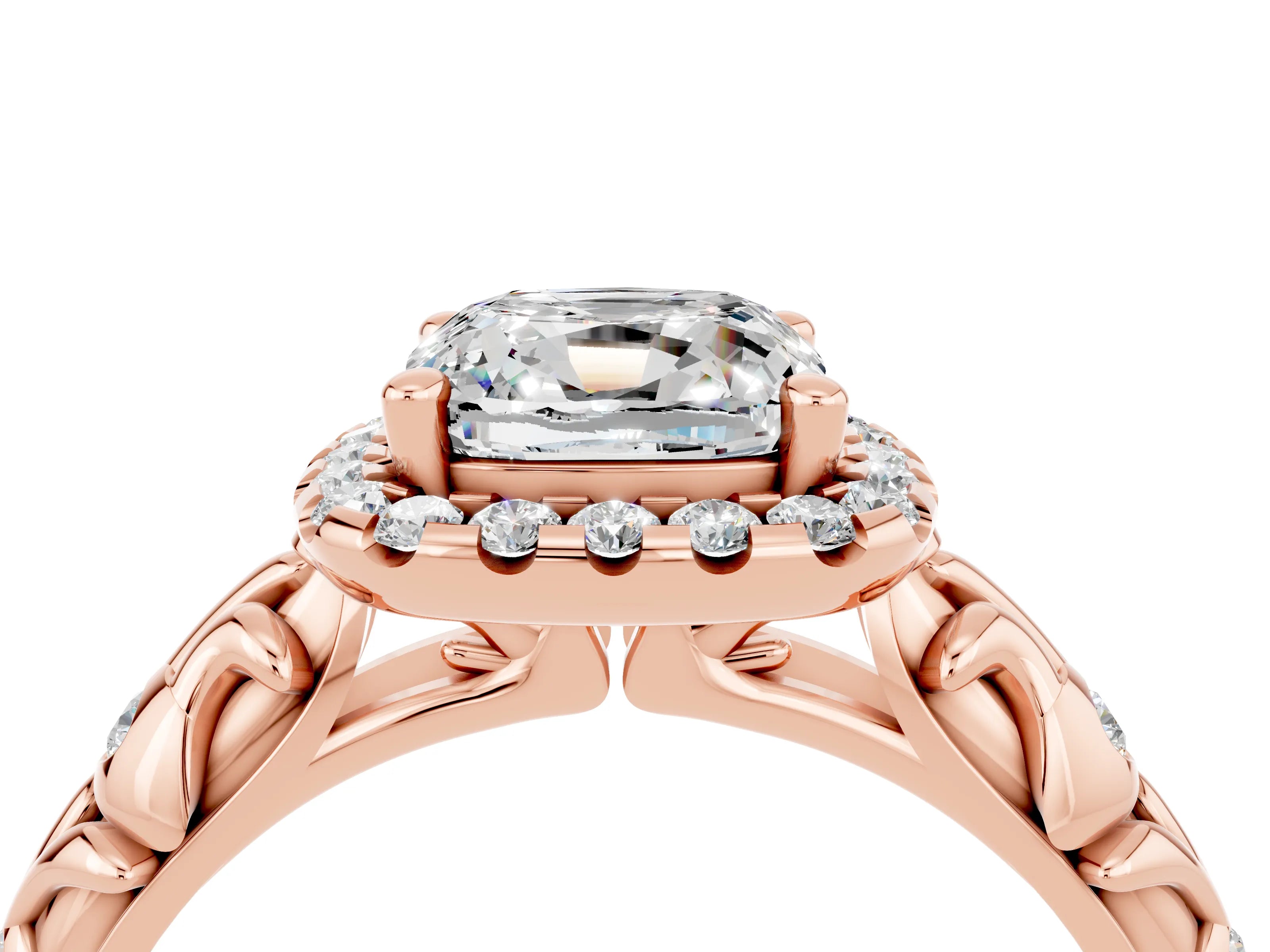 Rose gold Cushion Cut Halo Diamond Solitaire with Filigree Band and Four-Prong Setting_4