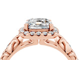 Rose gold Cushion Cut Halo Diamond Solitaire with Filigree Band and Four-Prong Setting_4
