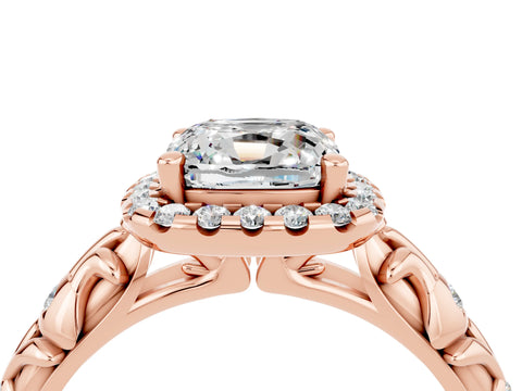 Rose gold Cushion Cut Halo Diamond Solitaire with Filigree Band and Four-Prong Setting_4