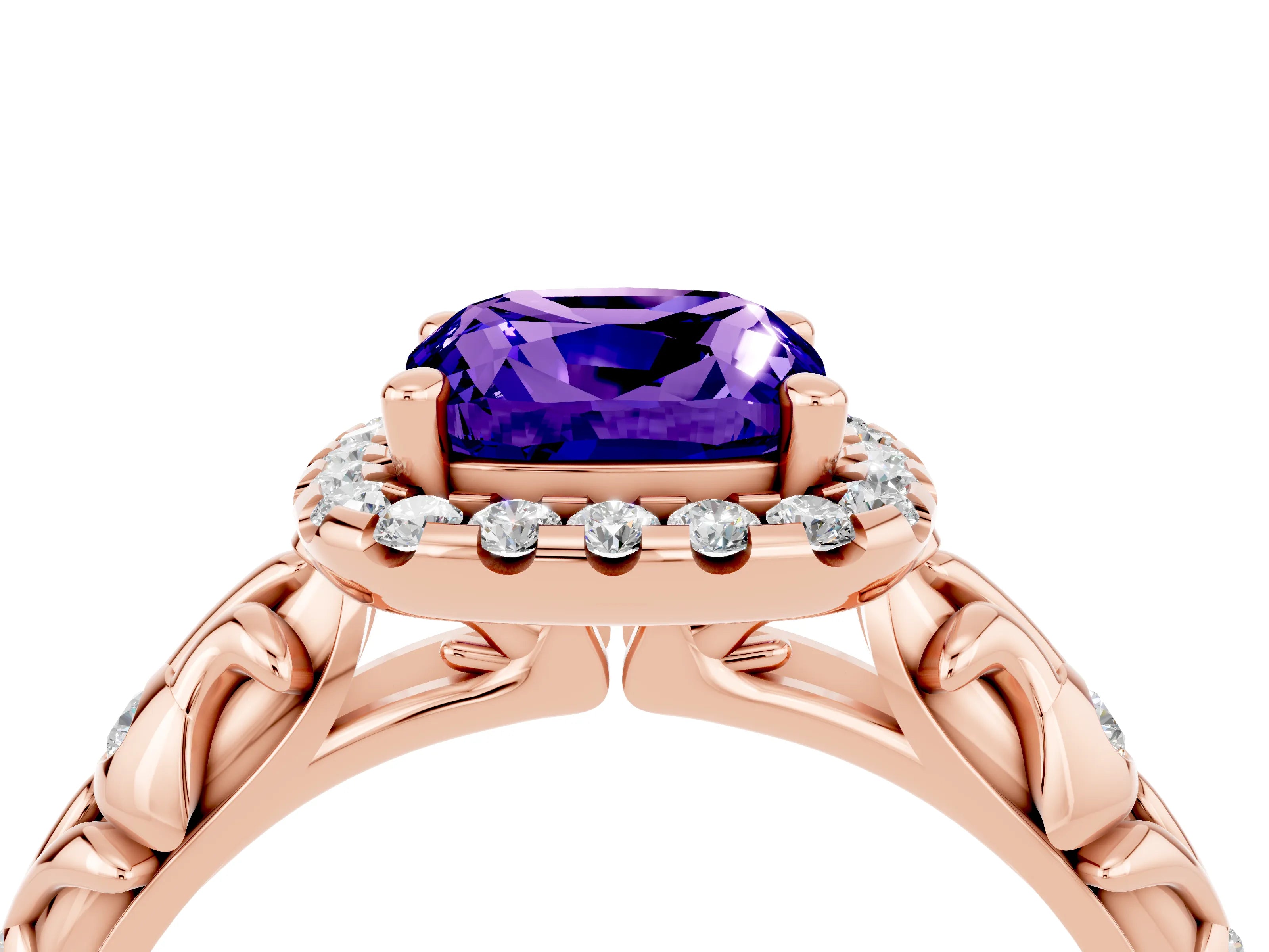 Rose gold Cushion Cut Halo Diamond Solitaire with Filigree Band and Four-Prong Setting_4