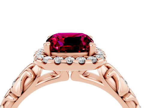 Rose gold Cushion Cut Halo Diamond Solitaire with Filigree Band and Four-Prong Setting_4