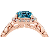 Rose gold Cushion Cut Halo Diamond Solitaire with Filigree Band and Four-Prong Setting_4