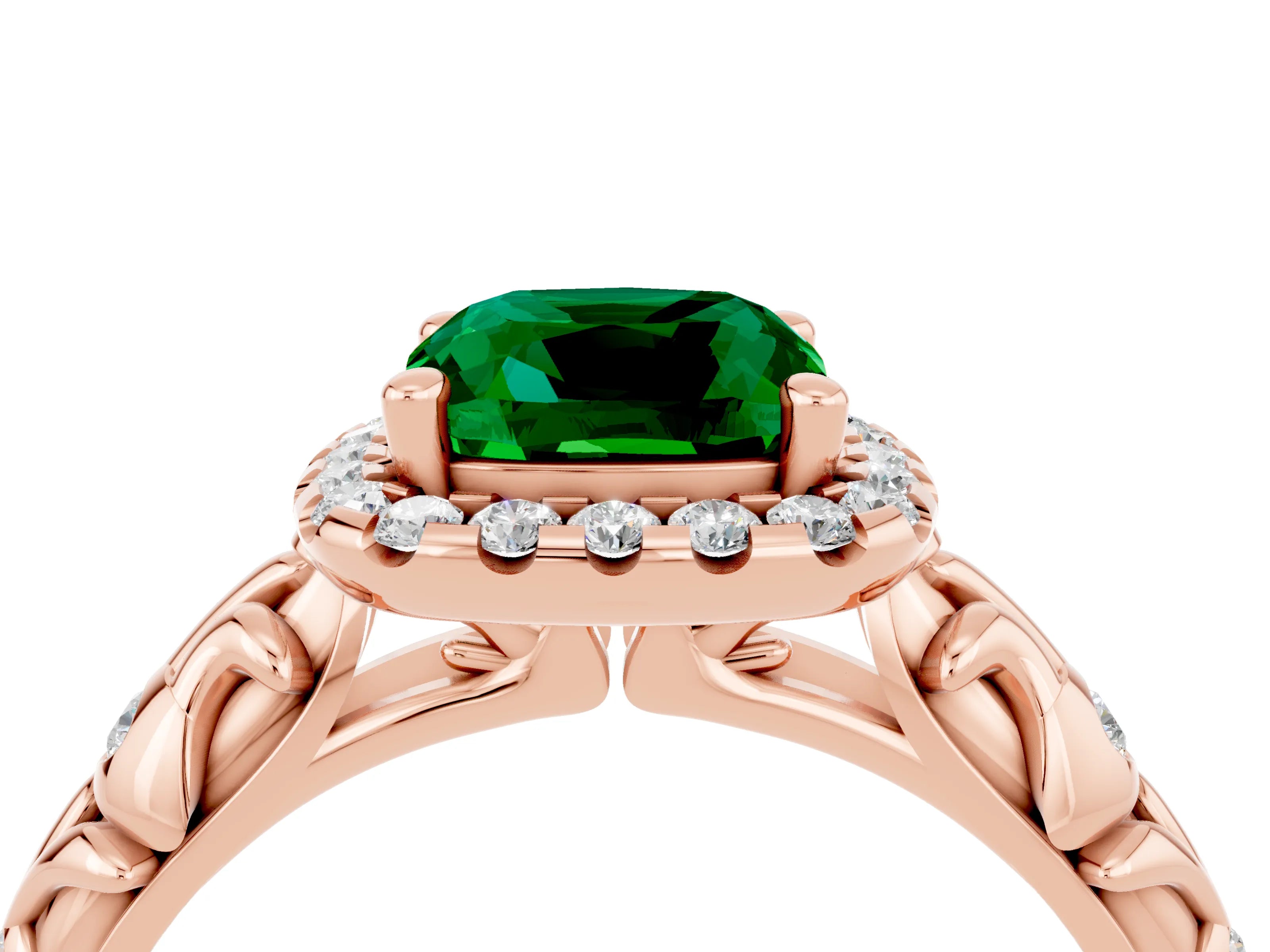 Rose gold Cushion Cut Halo Diamond Solitaire with Filigree Band and Four-Prong Setting_4