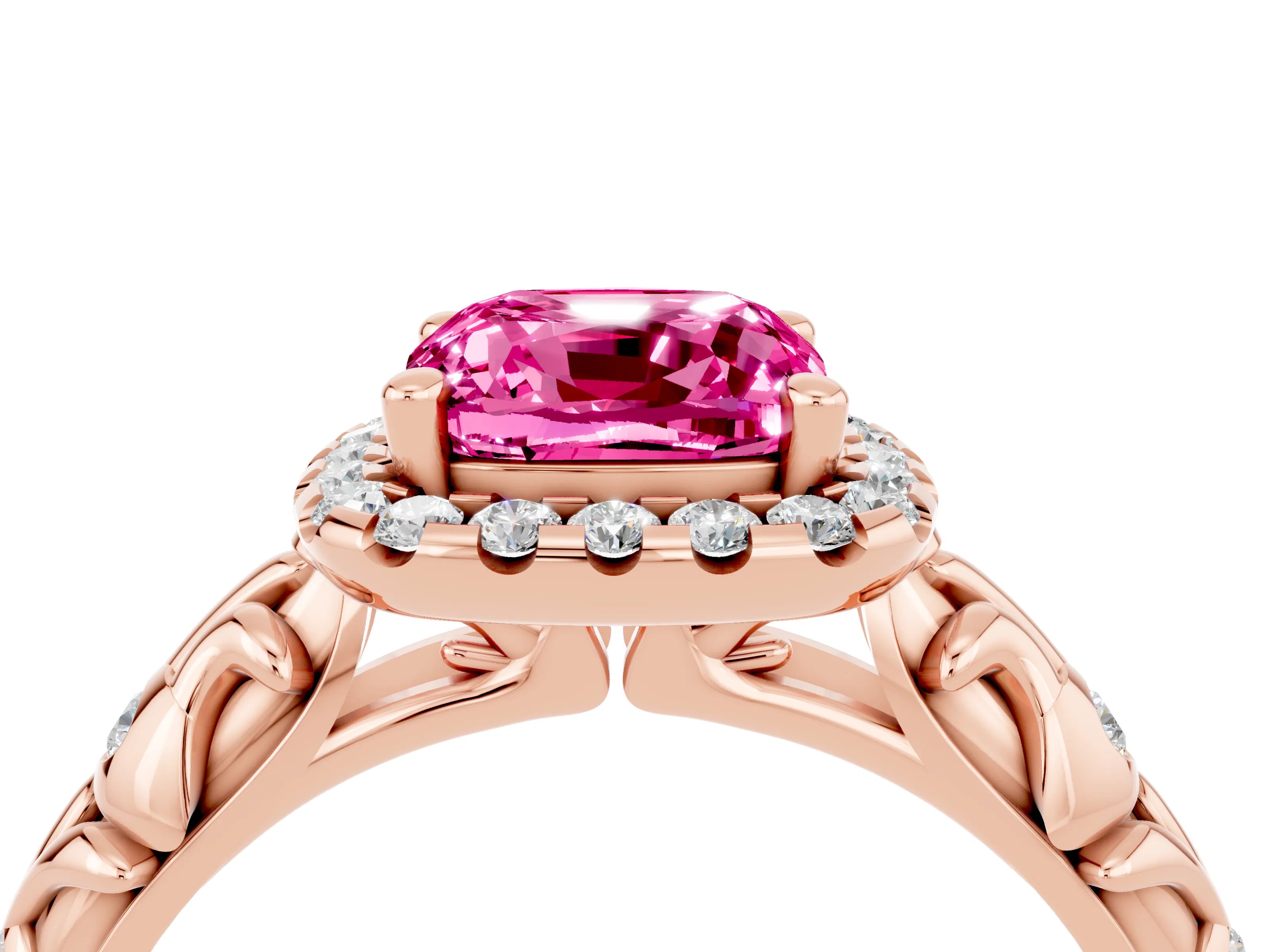 Rose gold Cushion Cut Halo Diamond Solitaire with Filigree Band and Four-Prong Setting_4
