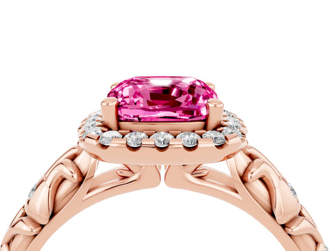 Rose gold Cushion Cut Halo Diamond Solitaire with Filigree Band and Four-Prong Setting_4