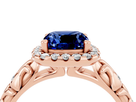 Rose gold Cushion Cut Halo Diamond Solitaire with Filigree Band and Four-Prong Setting_4