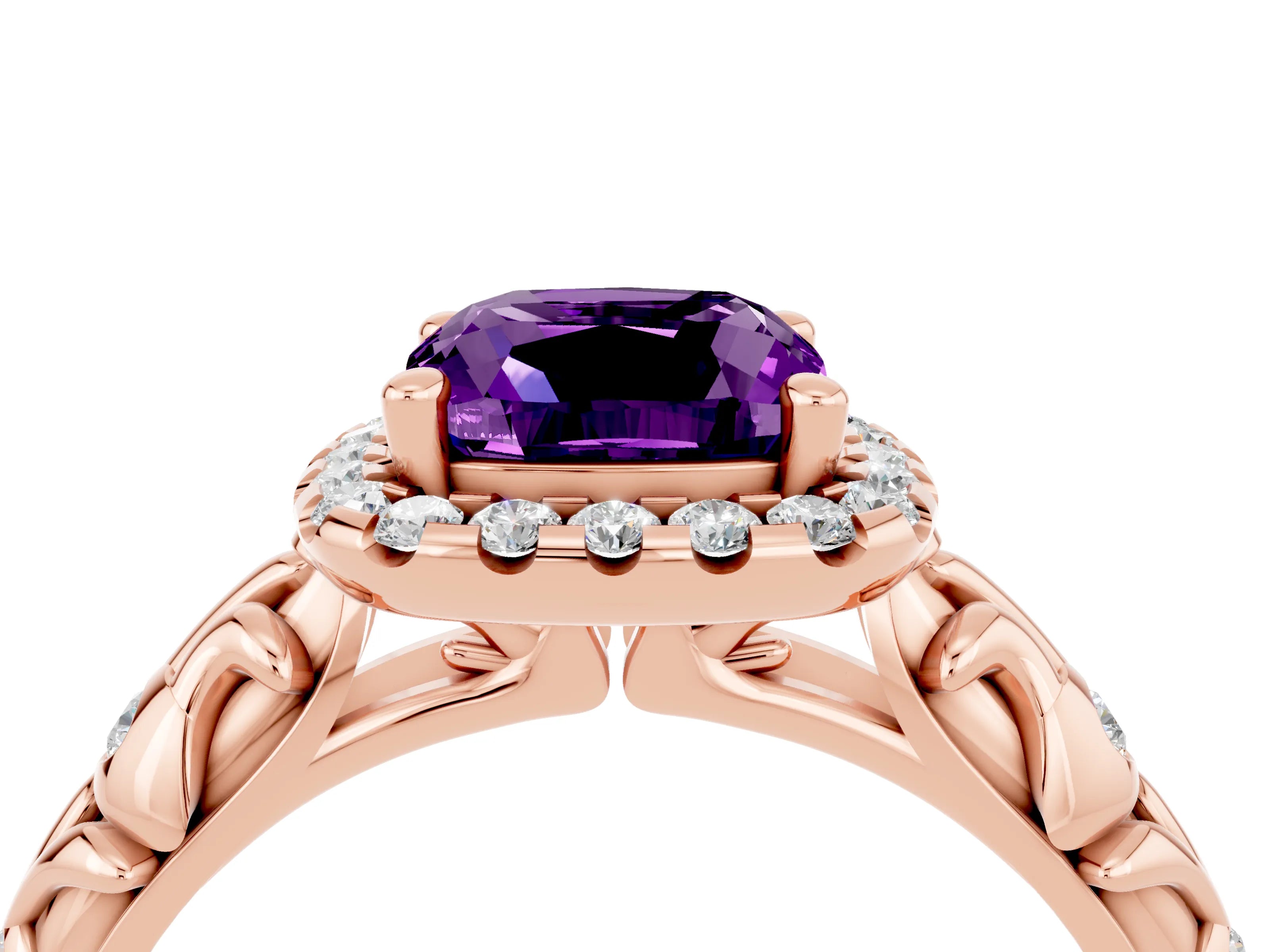 Rose gold Cushion Cut Halo Diamond Solitaire with Filigree Band and Four-Prong Setting_4