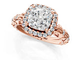 10K Rose Gold 0.42 Carat E VVS2 Cushion Diamond Halo Ring with Filigree Band and Prong Setting