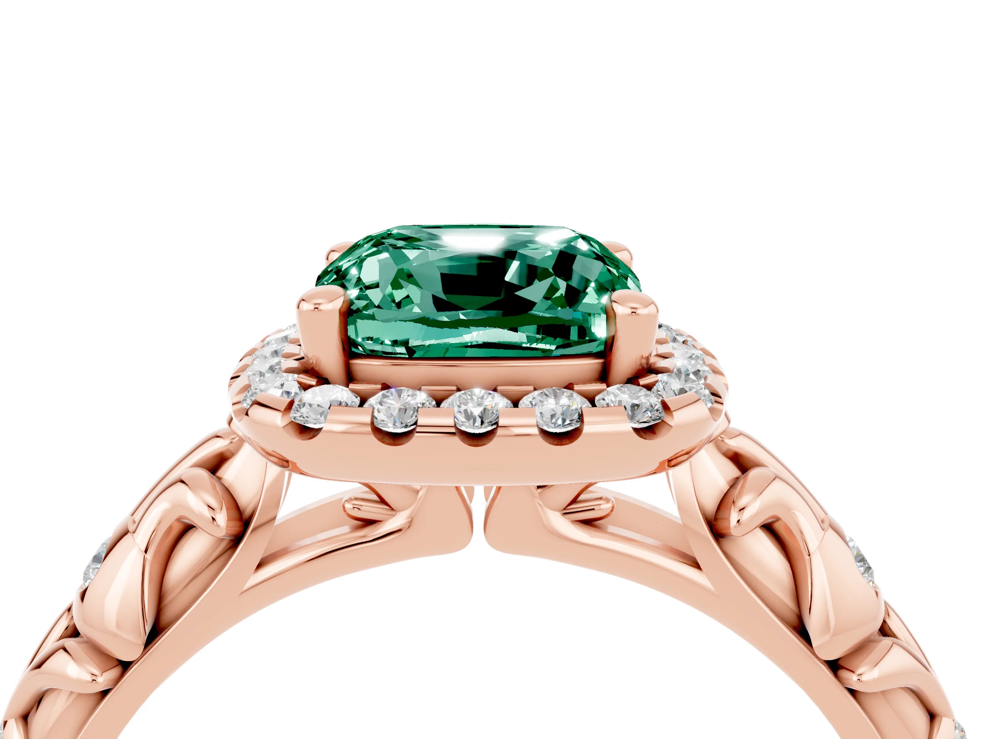 Rose gold Cushion Cut Halo Diamond Solitaire with Filigree Band and Four-Prong Setting_4