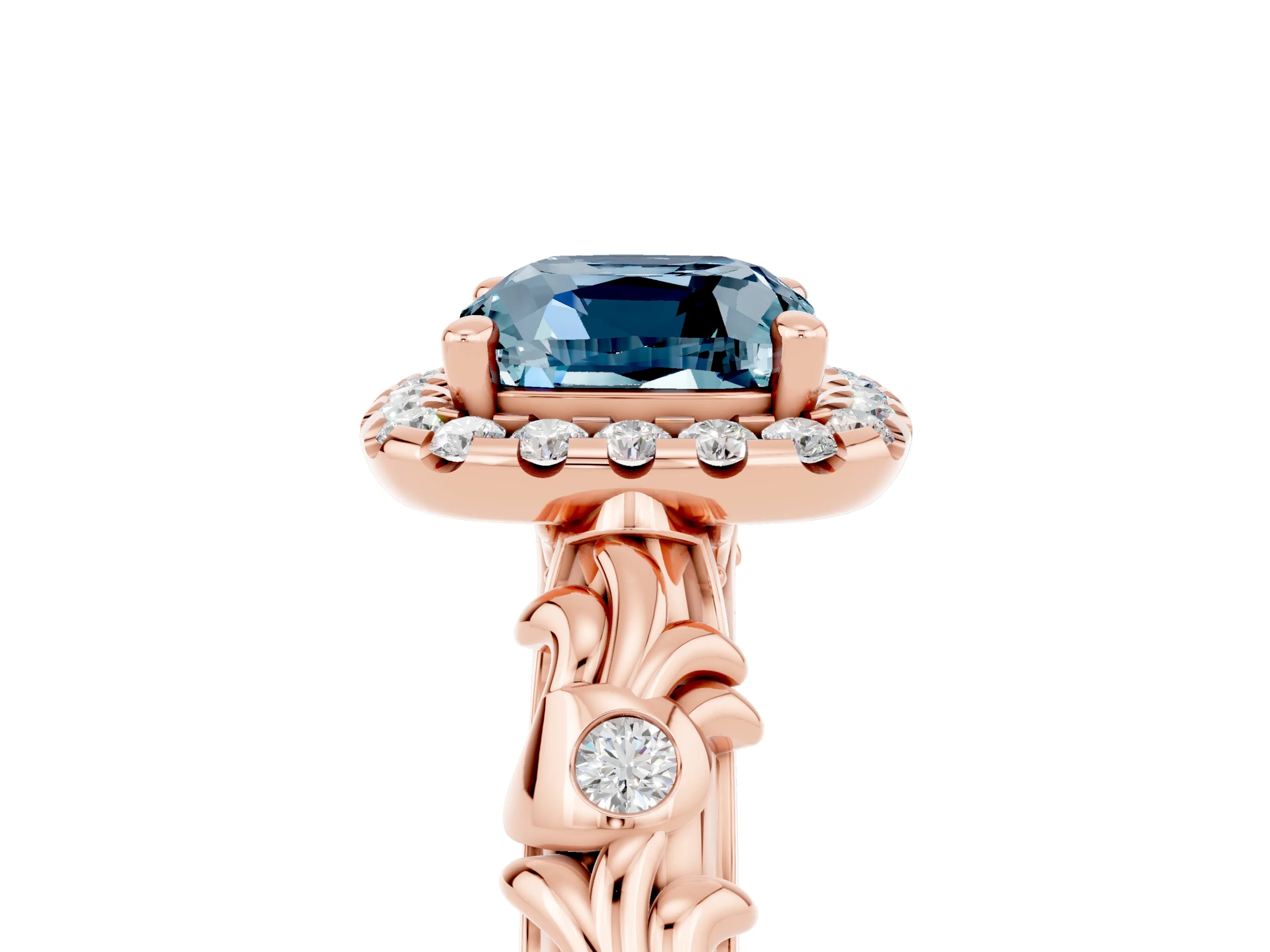Rose gold Cushion Cut Halo Diamond Solitaire with Filigree Band and Four-Prong Setting_5